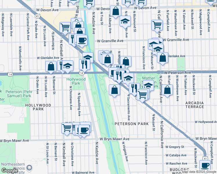map of restaurants, bars, coffee shops, grocery stores, and more near 5978 North Lincoln Avenue in Chicago