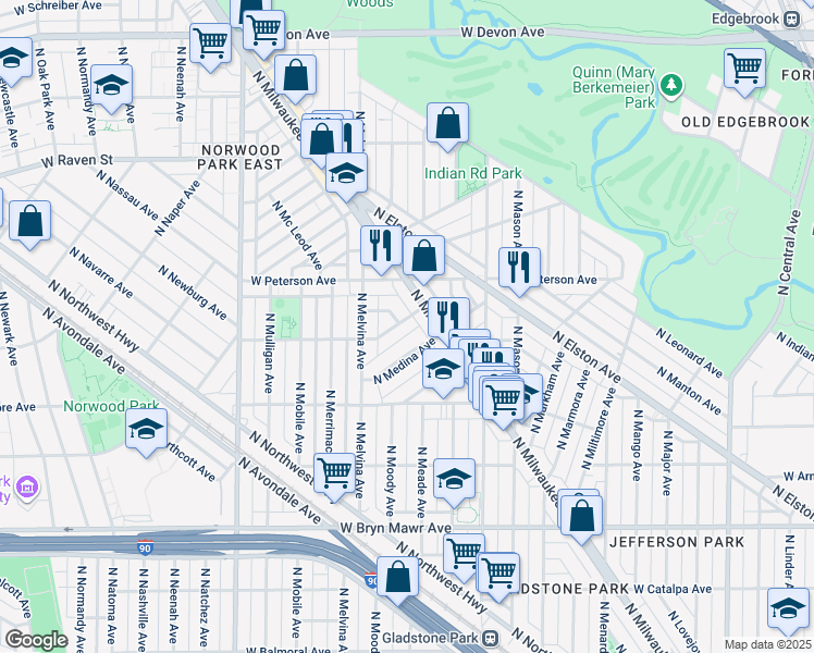 map of restaurants, bars, coffee shops, grocery stores, and more near 6148 West Thorndale Avenue in Chicago