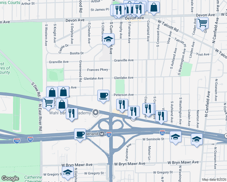 map of restaurants, bars, coffee shops, grocery stores, and more near 801 Glenlake Avenue in Park Ridge