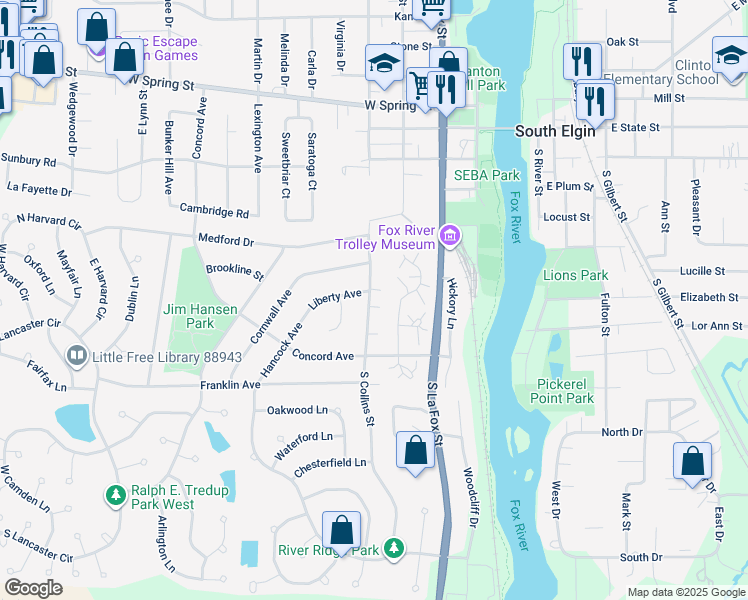 map of restaurants, bars, coffee shops, grocery stores, and more near 430 Liberty Avenue in South Elgin