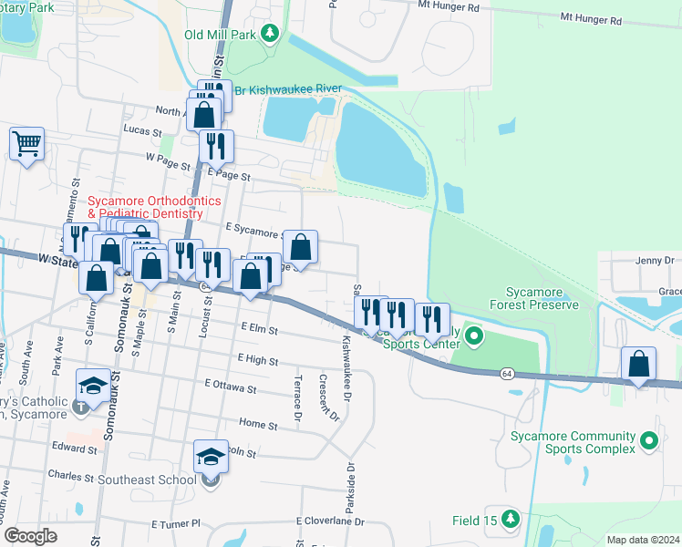 map of restaurants, bars, coffee shops, grocery stores, and more near 518 East Sycamore Street in Sycamore