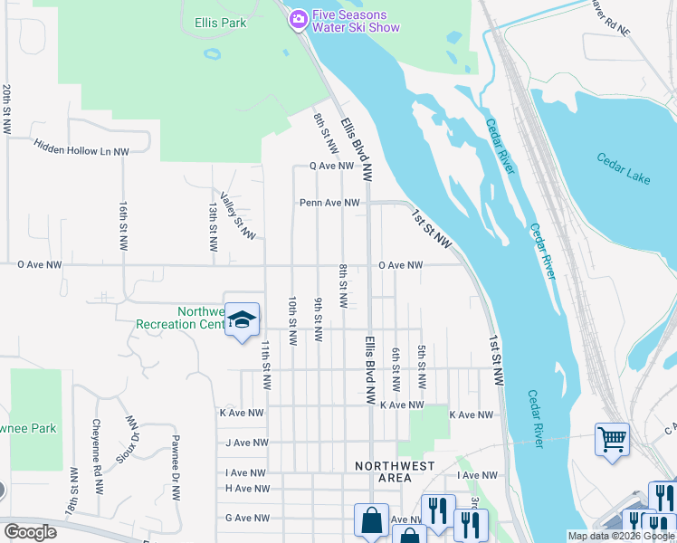 map of restaurants, bars, coffee shops, grocery stores, and more near 1619 8th Street Northwest in Cedar Rapids