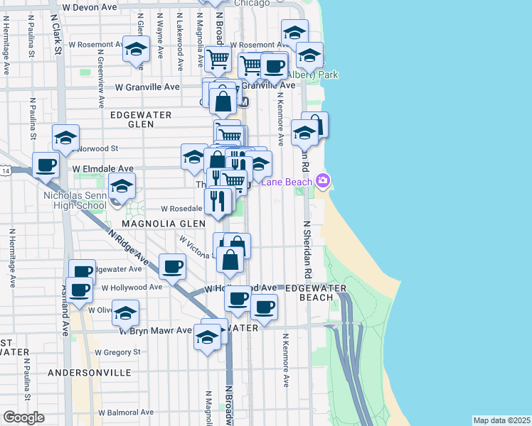 map of restaurants, bars, coffee shops, grocery stores, and more near 5832 North Winthrop Avenue in Chicago