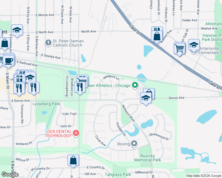map of restaurants, bars, coffee shops, grocery stores, and more near 702 Crescent Court in Bartlett