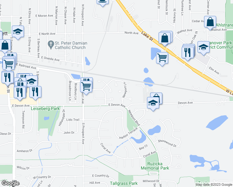 map of restaurants, bars, coffee shops, grocery stores, and more near 702 Crescent Court in Bartlett