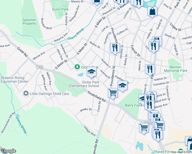 map of restaurants, bars, coffee shops, grocery stores, and more near 192 Avenue A in Woonsocket