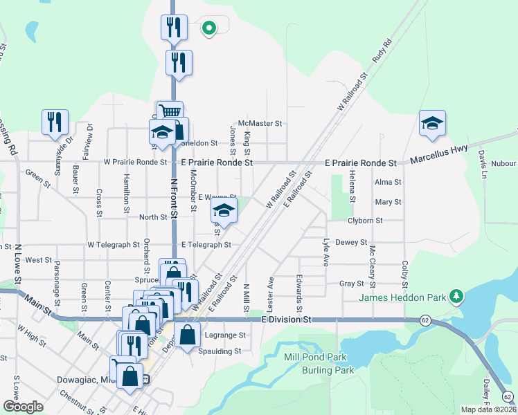 map of restaurants, bars, coffee shops, grocery stores, and more near 507 West Railroad Street in Dowagiac