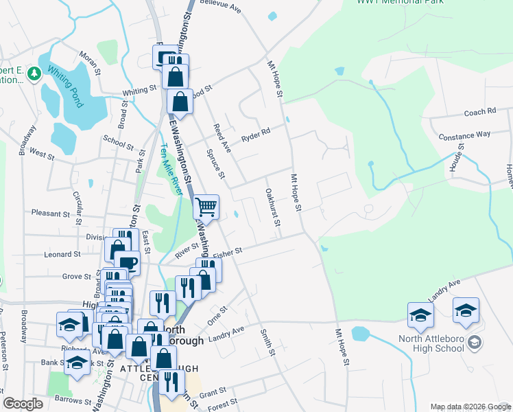 map of restaurants, bars, coffee shops, grocery stores, and more near Ba Drive in North Attleborough