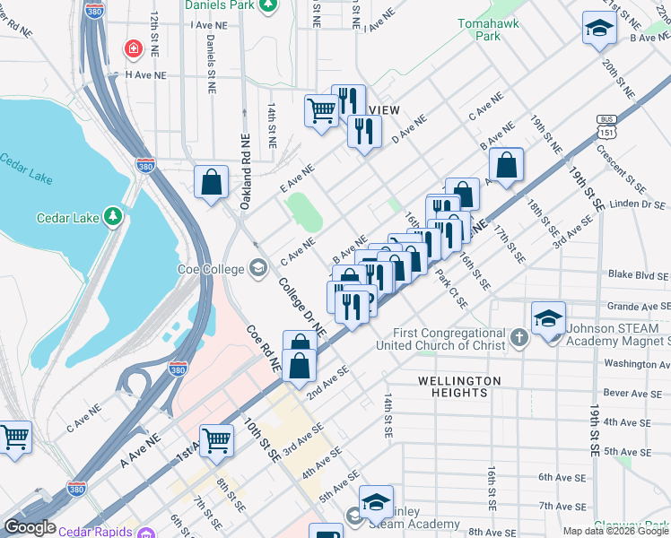 map of restaurants, bars, coffee shops, grocery stores, and more near 318 14th Street Northeast in Cedar Rapids