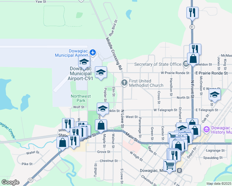 map of restaurants, bars, coffee shops, grocery stores, and more near 100 Elm Street in Dowagiac