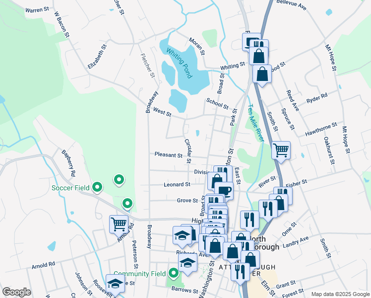 map of restaurants, bars, coffee shops, grocery stores, and more near 10 South Street in North Attleborough