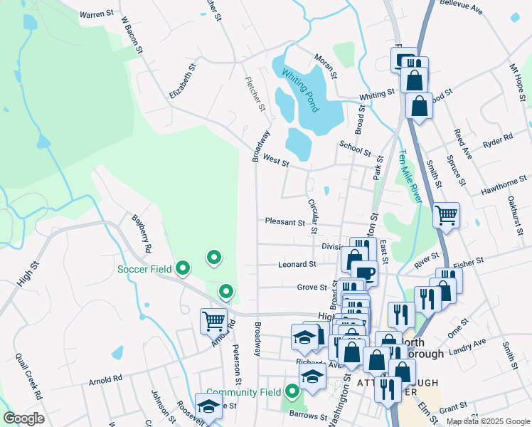 map of restaurants, bars, coffee shops, grocery stores, and more near 4 Prospect Street in North Attleborough