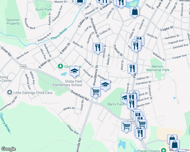 map of restaurants, bars, coffee shops, grocery stores, and more near 524 Providence Street in Woonsocket