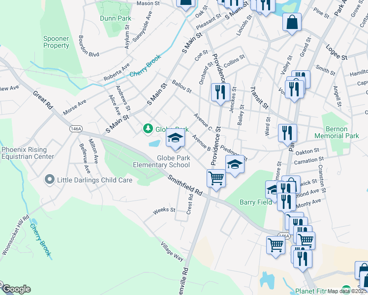 map of restaurants, bars, coffee shops, grocery stores, and more near 408 Orchard Street in Woonsocket