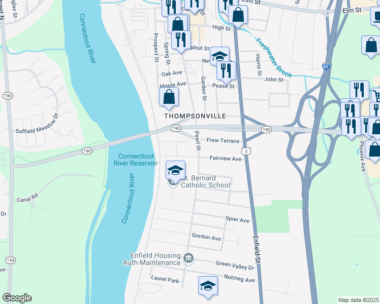 map of restaurants, bars, coffee shops, grocery stores, and more near 12 Birch Street in Enfield
