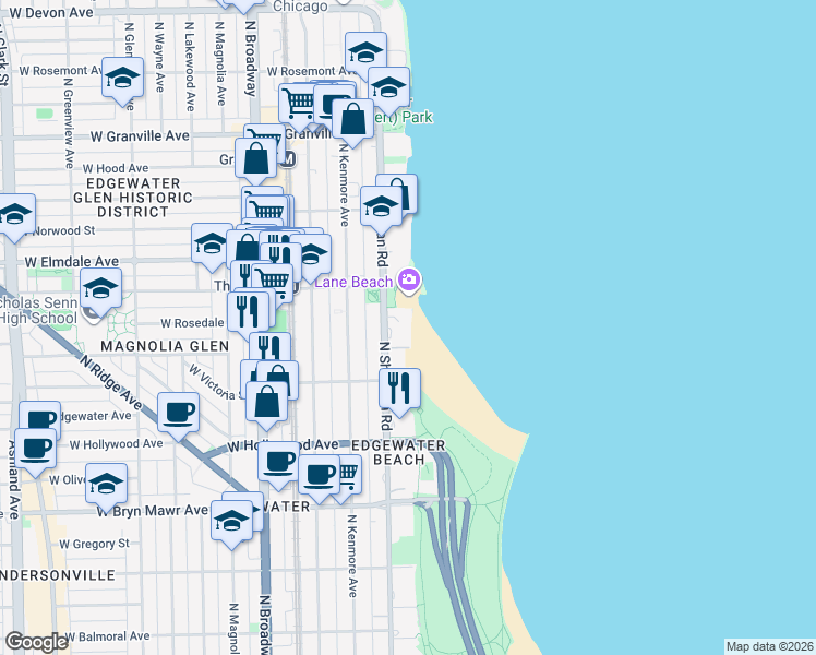 map of restaurants, bars, coffee shops, grocery stores, and more near 5821 North Sheridan Road in Chicago