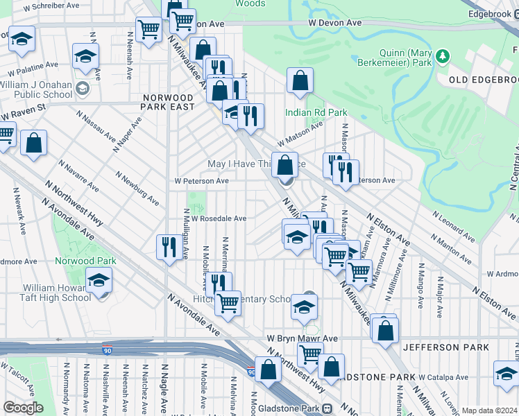 map of restaurants, bars, coffee shops, grocery stores, and more near 6148 West Thorndale Avenue in Chicago