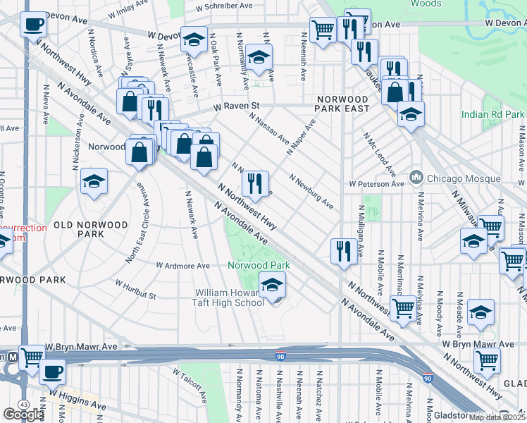map of restaurants, bars, coffee shops, grocery stores, and more near 5944 North Navarre Avenue in Chicago