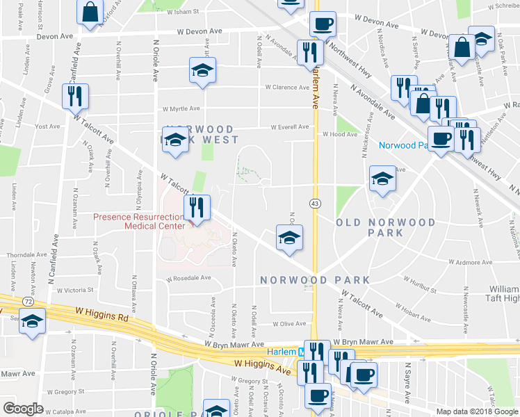 map of restaurants, bars, coffee shops, grocery stores, and more near 5966 North Odell Avenue in Chicago