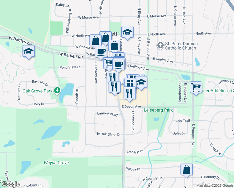 map of restaurants, bars, coffee shops, grocery stores, and more near 326 South Main Street in Bartlett