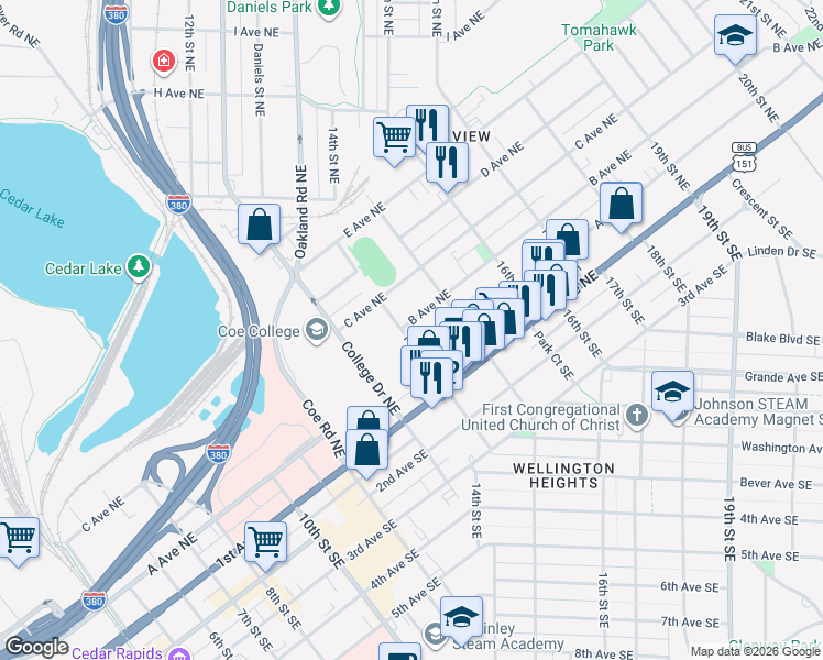 map of restaurants, bars, coffee shops, grocery stores, and more near 318 14th Street Northeast in Cedar Rapids