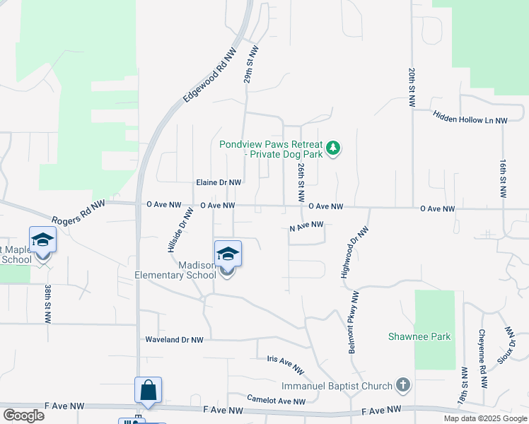 map of restaurants, bars, coffee shops, grocery stores, and more near 2714 O Avenue Northwest in Cedar Rapids