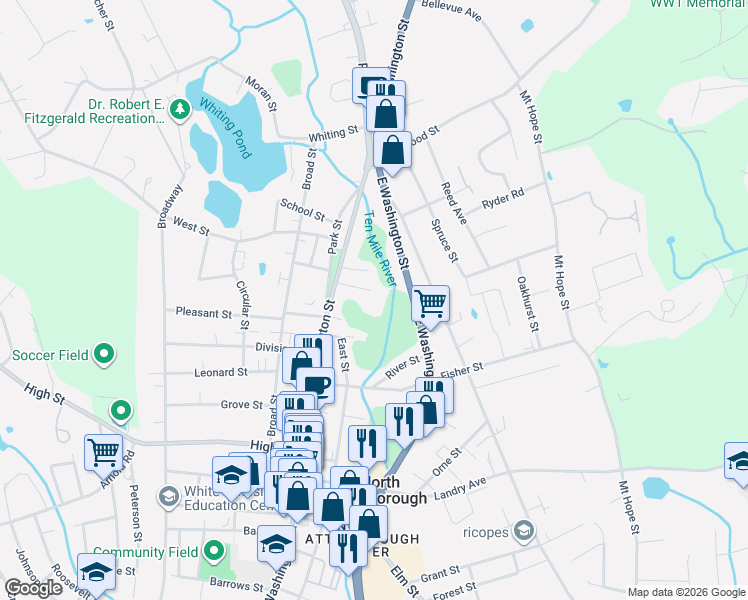map of restaurants, bars, coffee shops, grocery stores, and more near 10 Dexter Street in North Attleborough