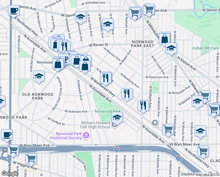 map of restaurants, bars, coffee shops, grocery stores, and more near 5944 North Navarre Avenue in Chicago
