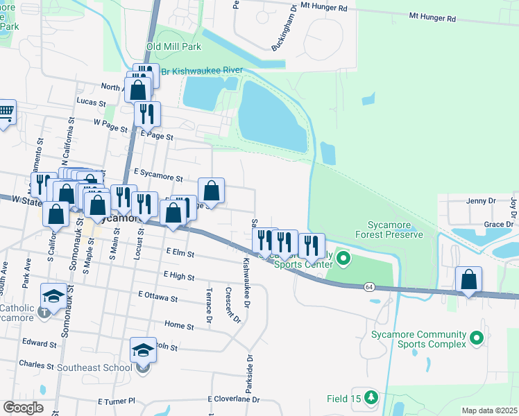 map of restaurants, bars, coffee shops, grocery stores, and more near 226 Sabin Street in Sycamore