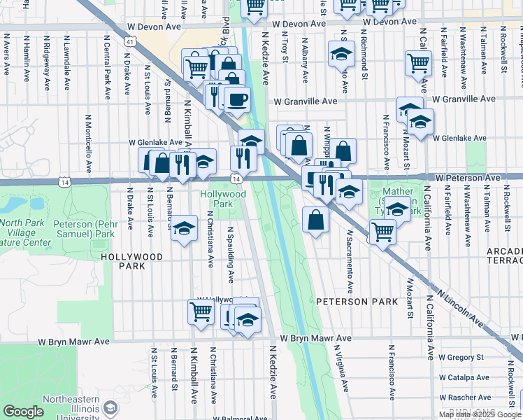 map of restaurants, bars, coffee shops, grocery stores, and more near 3137 West Peterson Avenue in Chicago
