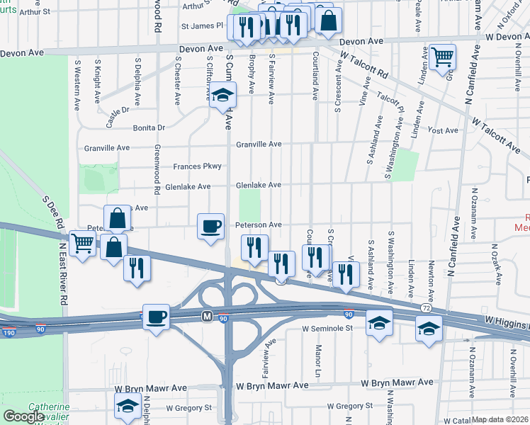 map of restaurants, bars, coffee shops, grocery stores, and more near 1701 South Fairview Avenue in Park Ridge