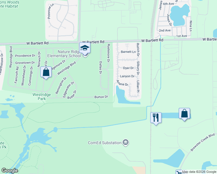 map of restaurants, bars, coffee shops, grocery stores, and more near 282 Burton Drive in Bartlett