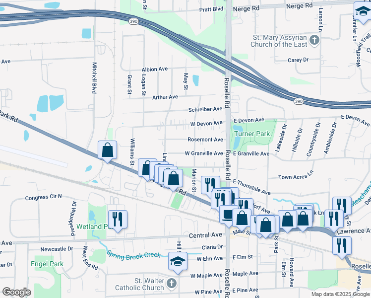 map of restaurants, bars, coffee shops, grocery stores, and more near 129 Rosemont Avenue in Roselle