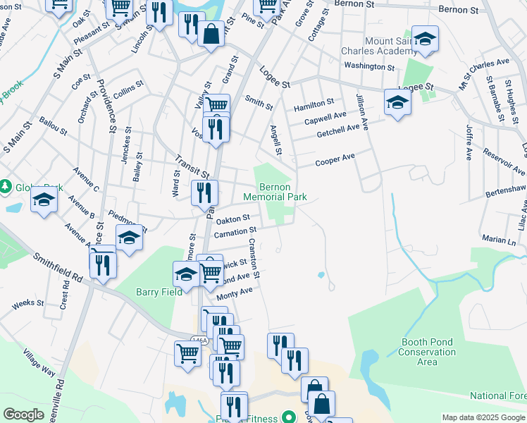 map of restaurants, bars, coffee shops, grocery stores, and more near 392 Mowry Street in Woonsocket