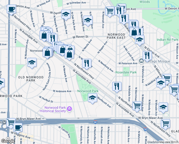 map of restaurants, bars, coffee shops, grocery stores, and more near 5944 North Navarre Avenue in Chicago