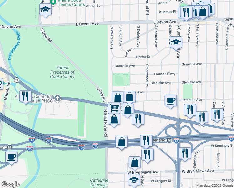 map of restaurants, bars, coffee shops, grocery stores, and more near 1420 Lois Avenue in Park Ridge
