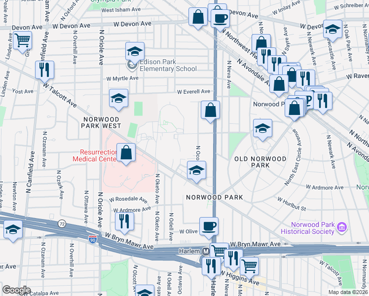 map of restaurants, bars, coffee shops, grocery stores, and more near 5966 North Odell Avenue in Chicago