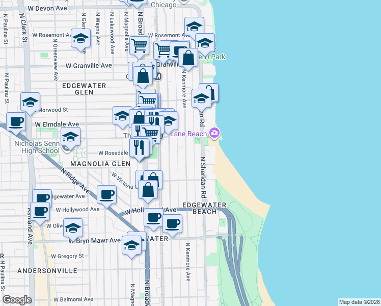 map of restaurants, bars, coffee shops, grocery stores, and more near 5857 North Kenmore Avenue in Chicago