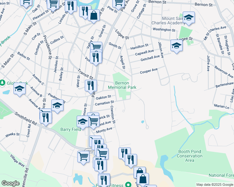 map of restaurants, bars, coffee shops, grocery stores, and more near 392 Mowry Street in Woonsocket