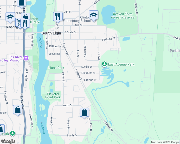 map of restaurants, bars, coffee shops, grocery stores, and more near 713 Elizabeth Street in Elburn