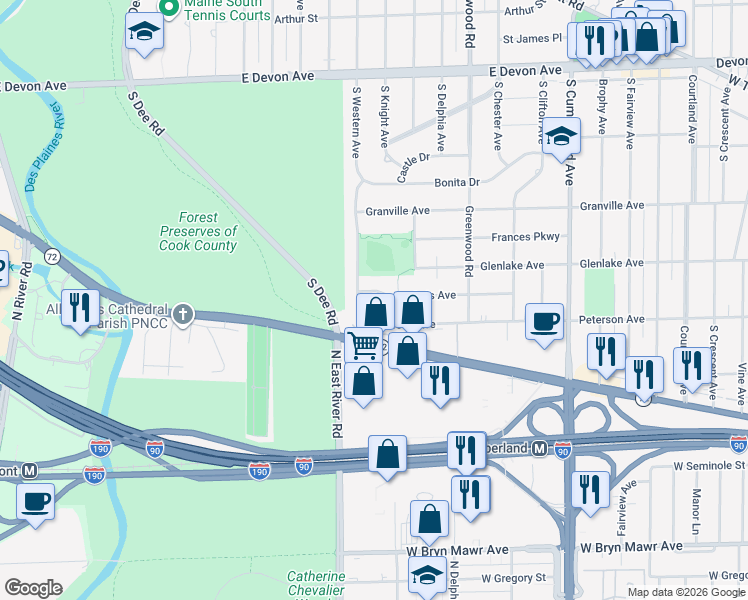 map of restaurants, bars, coffee shops, grocery stores, and more near 1420 Lois Avenue in Park Ridge