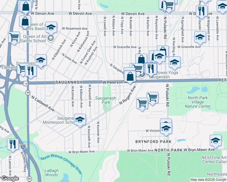map of restaurants, bars, coffee shops, grocery stores, and more near 4267 Harrington Lane in Chicago