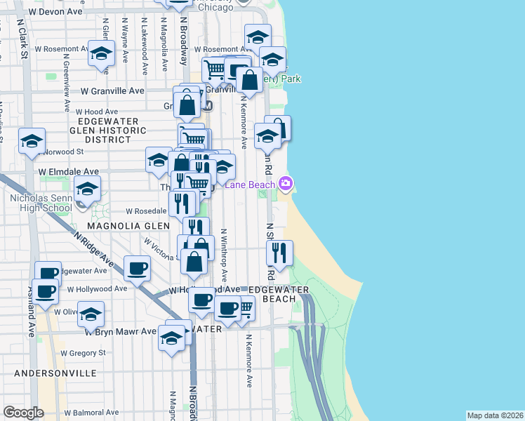 map of restaurants, bars, coffee shops, grocery stores, and more near 5858 North Sheridan Road in Chicago