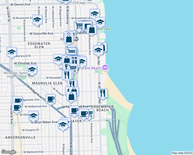 map of restaurants, bars, coffee shops, grocery stores, and more near 5858 North Sheridan Road in Chicago