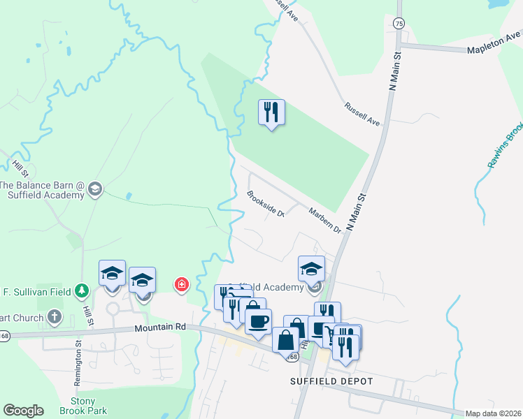 map of restaurants, bars, coffee shops, grocery stores, and more near 65 Brookside Drive in Suffield