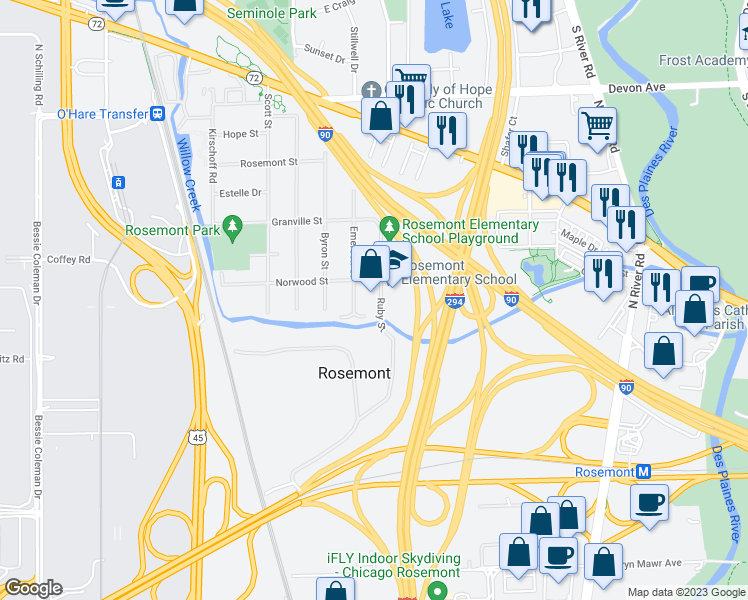 map of restaurants, bars, coffee shops, grocery stores, and more near 6026 Ruby Street in Rosemont