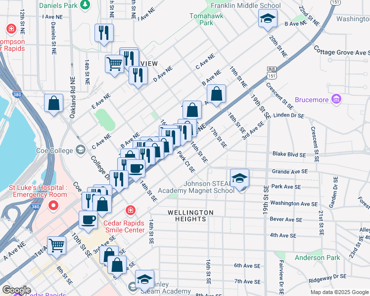 map of restaurants, bars, coffee shops, grocery stores, and more near 1569 1st Avenue Southeast in Cedar Rapids