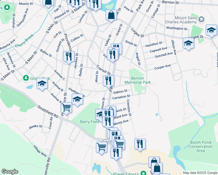map of restaurants, bars, coffee shops, grocery stores, and more near 1019 Park Avenue in Woonsocket