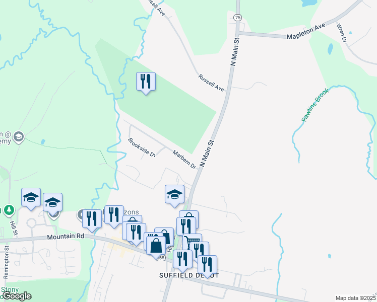 map of restaurants, bars, coffee shops, grocery stores, and more near 341 North Main Street in Suffield