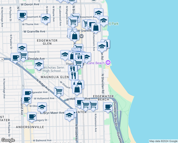map of restaurants, bars, coffee shops, grocery stores, and more near 5832 North Winthrop Avenue in Chicago